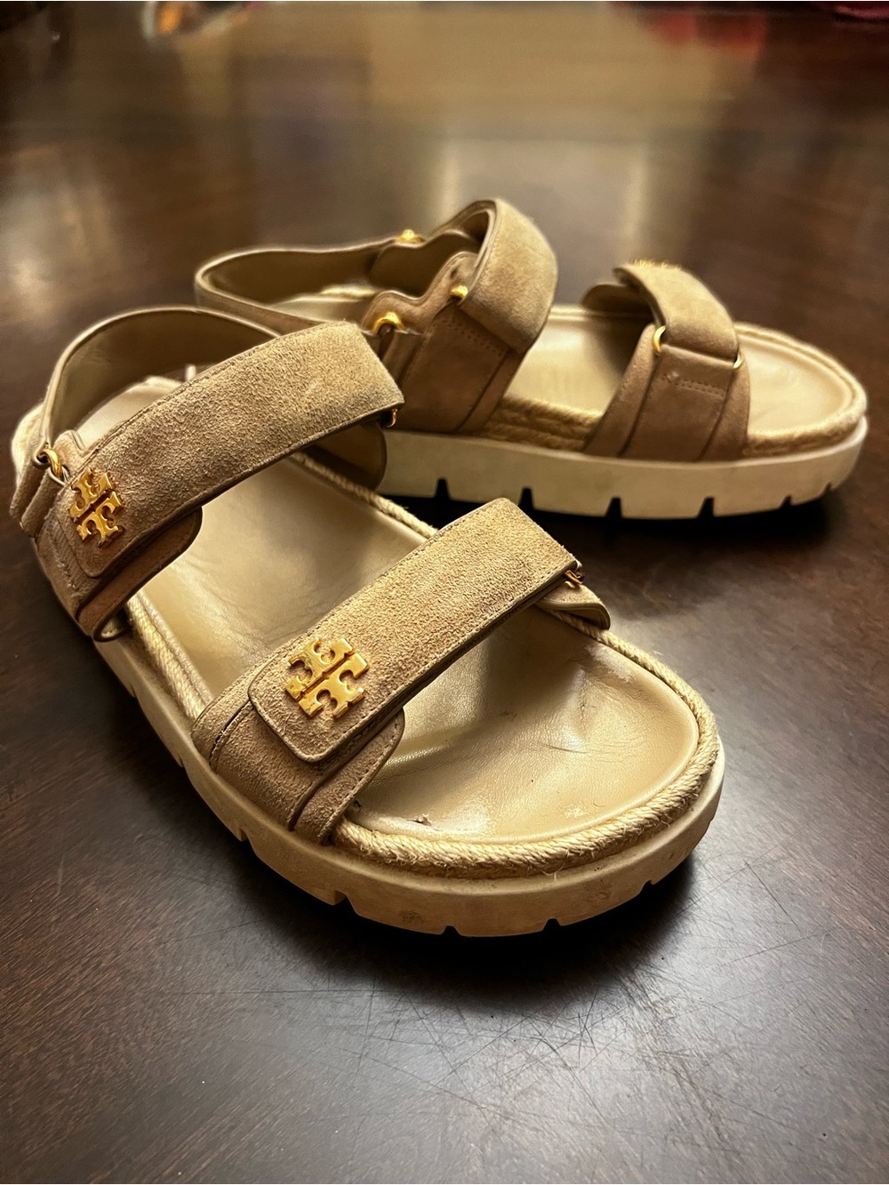 Tory Burch Tan Suede Double-Strap Logo Sandals